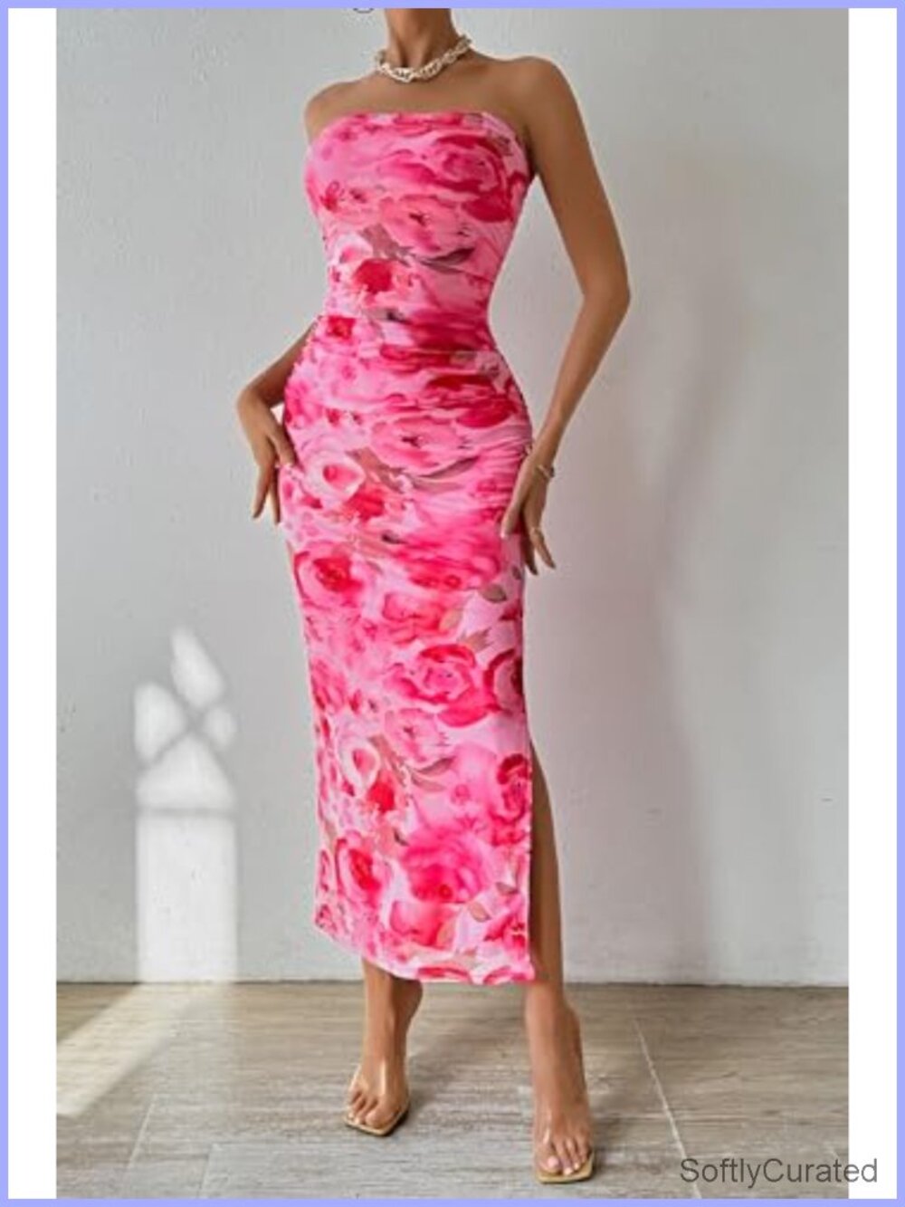 Strapless Bodycon Floral Maxi Dress with Slit, Ruched, Stretchy - Picture 5 of 6